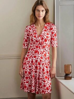 Boden Red and White Floral Faux-Wrap Midi Dress